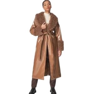 Nwt Missguided Brown Faux Leather Sherpa Trimmed Tall Trench Coat w/Pock…